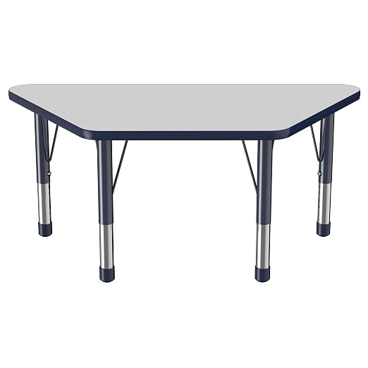 FDP Trapezoid Activity School and Classroom Kids Table (24 x 48 inch), Chunky Toddler Legs for Collaborative Seating Environments, Adjustable Height 15-24 inches - Gray Top and Navy Edge