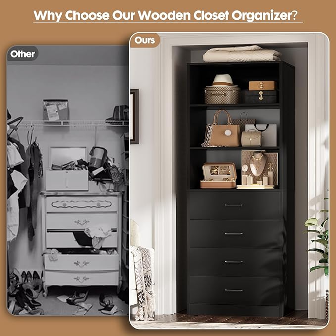 Aheaplus Closet Drawers System, 21.3" Wood Closet Organizer System with 4 Drawers, Modular Walk-in Closet System Storage Unit, Small Closets Wardrobe Rack, Tall Storage Cabinet Unit, Black