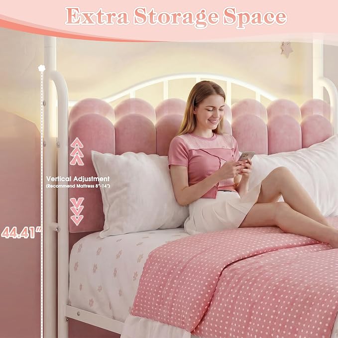Homkdom Canopy Bed Frame Full with Upholstered Storage Headboard and Charging Station & LED Lights, 2 Oversized Drawers,Heavy-Duty Support, No Box Spring,Quiet Sleep,Easy Assembly, Pink