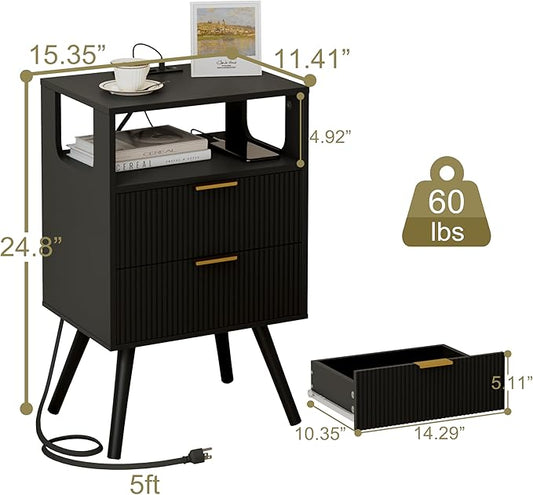 JOONEE Black Nightstand with Charging Station and LED Lights,Modern Bedside Table with 2 Storage Drawer and Open Wood Shelf, for Bedroom and Small Spaces,Night Stand with Solid Wood Legs,Black