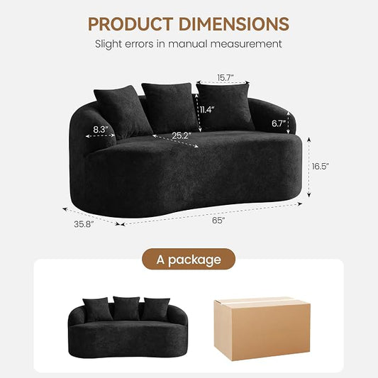 65" Boneless Loveseat Sofa Couch, Modern Comfy Curved Cloud Sofa, Chenille Deep Seat Love Seat Couches for Living Room, No Assembly, Black