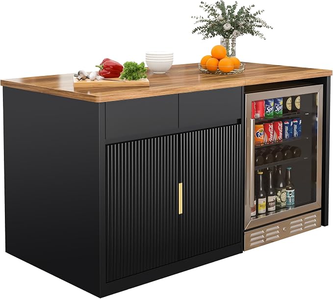 GDLF 60.7" W Large Kitchen Island with Storage and Fridge Space, Modern Kitchen Bar Island Table and Dining Table with Drawers