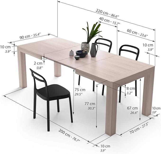 Mobili Fiver, Iacopo Extendable Dining Table, 55.1(86.6) x35.4 in, Pearled Elm, for 6-10 People, Expandable Dining Table for Kitchen, Living Room, Italian Furniture