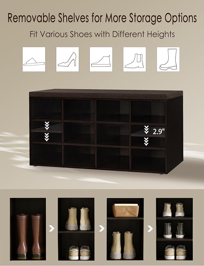 DINZI LVJ Shoe Storage Bench with Cushion, Cubby Shoe Rack with 12 Cubbies, Adjustable Shelves, Multifunctional Shoe Organizer Bench for Entryway, Mudroom, Hallway, Closet and Garage, Espresso