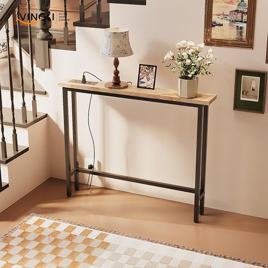 VINGLI 39" Console Table with Charging Station, 5.9" Narrow Sofa Table Behind Couch, Entryway Table with Power Outlet & 4.9 Ft Extension Cord & Adjustable Feet, for Living Room, Hallway, Oak