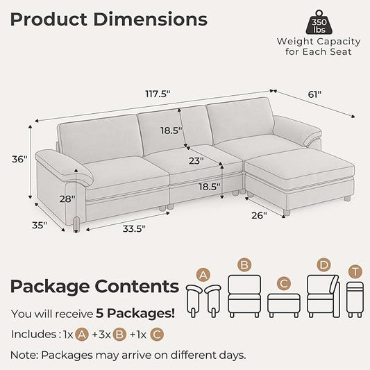 SITJOY Large Cloud Couch, 118" Wide 3 Seater L Shape, Light Gray Chenille | Detachable and Washable Chenille Cover Sectional Sofas for Living Room, Deep Seat Wide Couch with Chaise, Storage Ottoman