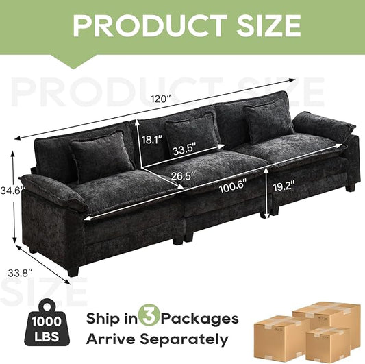 Oprisen 120" Modular Sectional Sofa, Comfy Cloud Couch Sectional Sofa, Chenille Sofa Sleeper Deep Seat Sofa with Throw Pillows for Living Room (Black, 120"- 3 Seater)