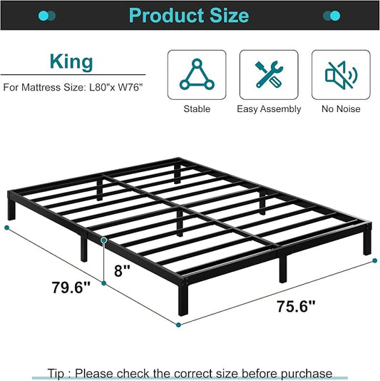 Maenizi King Size Bed Frame No Box Spring Needed, 8 Inch Heavy Duty King Platform Bed Frame Support Up to 3000 lbs, Easy Assembly, Noise Free, Black