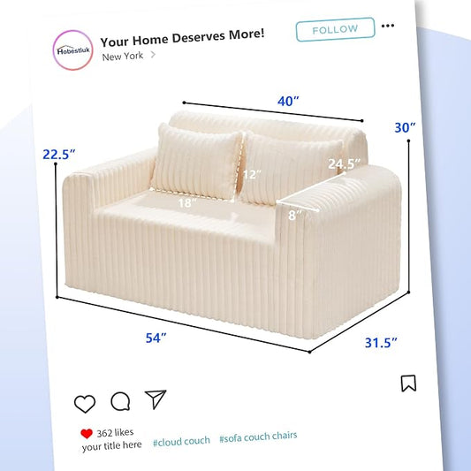 Hobestluk Couch Sofa 2-Seater Foam Sofa Loveseat for Small Spaces Comfy Sofas with Removable Cover Furry Couch with Pillows for Living Room, Bedroom, Apartment, Office (White, Loveseat)