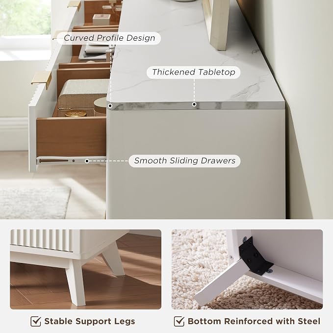 T4TREAM Fluted 9 Drawer Dresser, Modern Chest of Drawers with Faux Marble Top, Curved Profile Design, Dresser TV Stand, Wood Drawer Organizer for Bedroom, Living Room, Hallway, Solid White