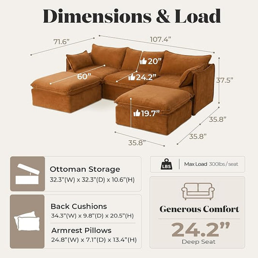 Cloud Modular Sectional Sofa, Oversized Deep Seat Comfort, Luxe Chenille | Fully Removable Washable Covers, Memory Foam Seat Cushions, Storage Ottoman, Premium Fabric