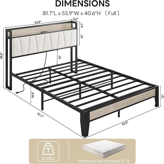 LIKIMIO Full Bed Frames, Bouclé Storage Headboard with Charging Station, Solid and Stable, Noise Free, No Box Spring Needed, Easy Assembly