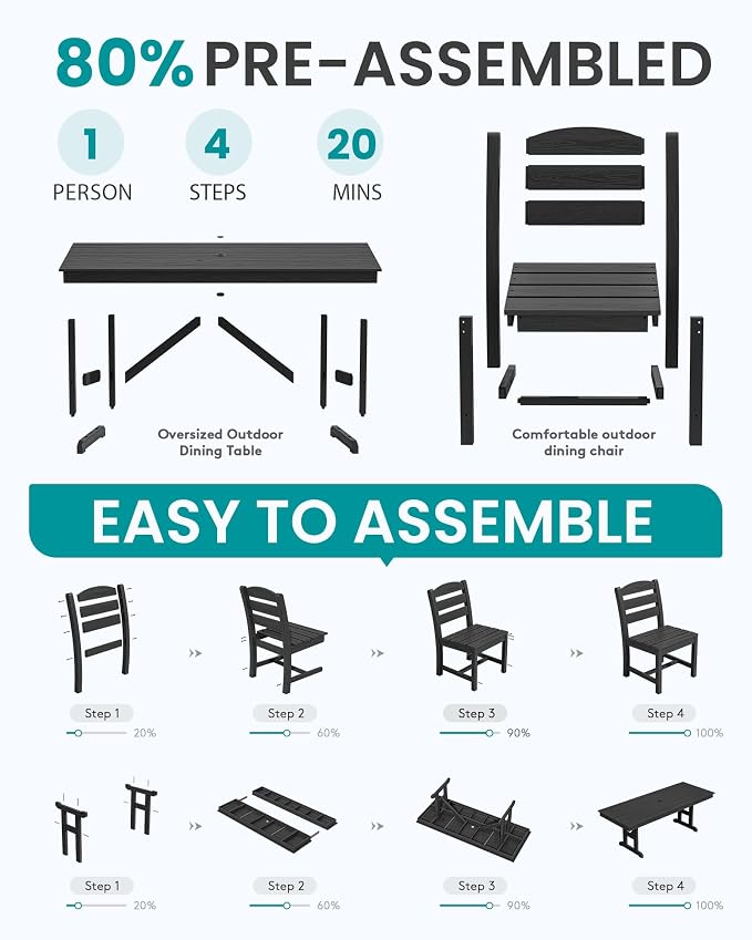 SERWALL 10 Piece 84" HDPE Outdoor Dining Set for 8 with 6 Armless Chair, 2 Armchairs and Umbrella, Black