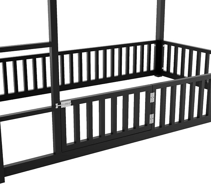 RuiSiSi Twin Over Twin House Bunk Bed, Metal Floor Bunk Beds with Safety Guardrails and Roof for Kids, Twin Bunk Bed Frame with Fenced Rails for Bedroom, No Box Spring Needed, Black