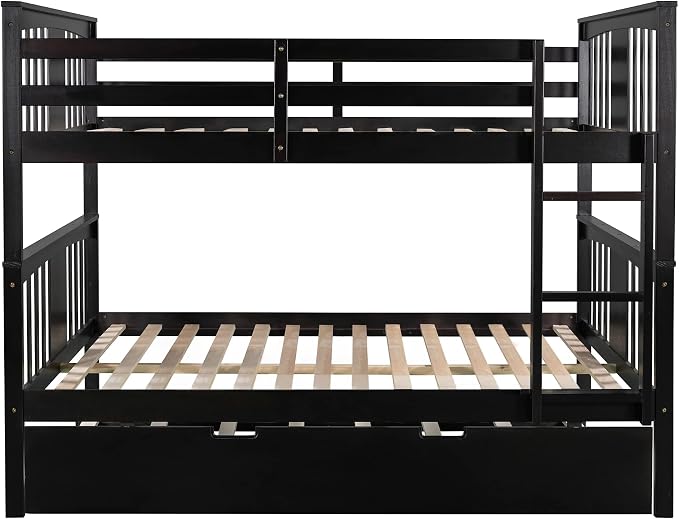 Merax Full Over Full Bunk Bed with Trundle, Convertible to Two Separate Beds, Solid Pine Wood Frame with Safety Guardrail & Headboard/Footboard, Sturdy Durable Design, No Box Spring Needed, Espresso