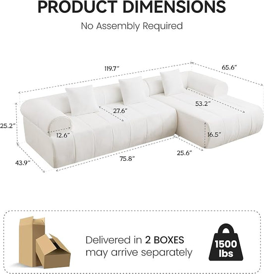 119'' Curved Boneless Sofa Couch, 3 Seat Cloud L Shaped Deep Seat Couches for Living Room, No Assembly Modular Sofa with Right Chaise Lounge, White