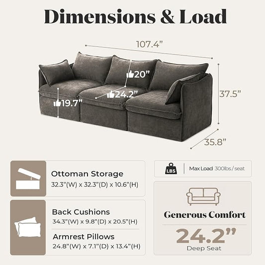 Cloud Modular Sofa, Oversized Deep Seat Comfort, Luxe Chenille | Fully Removable Washable Covers, Memory Foam Seat Cushions, Premium Fabric