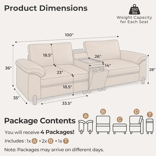 SITJOY Large Cloud Couch, 100" Wide Loveseat Sofa, Faux Leather in Brown | Pet-Friendly Scratch-Resistant Leather Sectional Sofas for Living Room, Deep Seat Wide Couch with Cuphoders