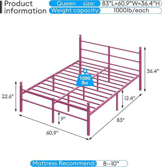 Queen Size Bed Frame with Headboard - Metal Platform Bed with LED Lights, Charging Station, Under Bed Storage and Heavy Duty Steel Slats Support - No Box Spring Needed, Easy Assembly, Pink