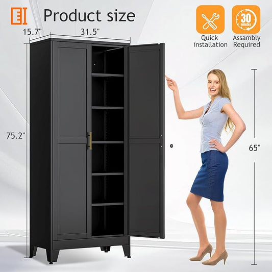 PAOFIN Kitchen Pantry Storage Cabinet with Doors and Adjustable Shelves, Metal ClosetMaid Food Pantry Cabinets, 75" Tall Freestanding Cupboard for Kitchen, Laundry or Utility Room, Black