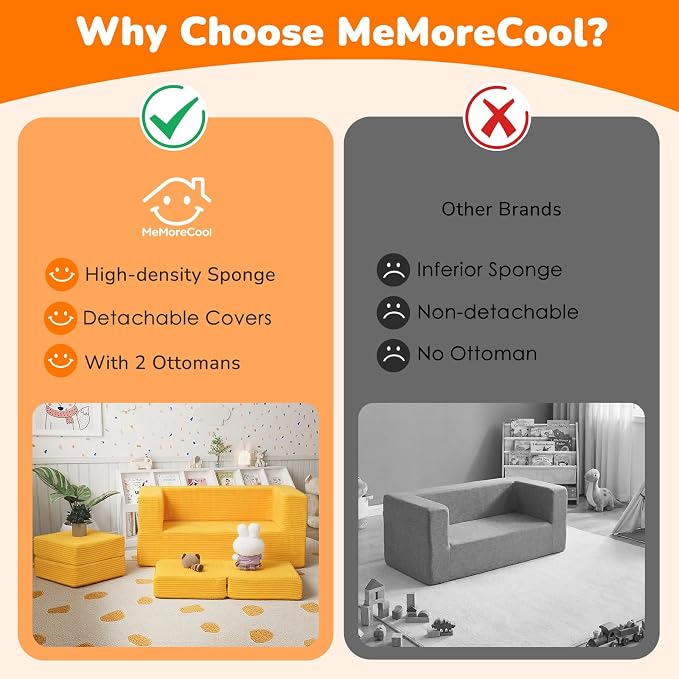 MeMoreCool Modular Kids Couch, Corduroy Play Toddler Couch for Bedroom Playroom Furniture, Convertible Foam Kids Sofa Bed, Fold Out Baby Sofa for Girl Boy, Yellow
