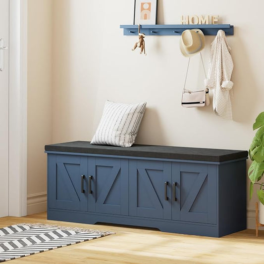 HOMSHO Farmhouse Shoe Storage Bench with 4 Barn Doors & Padded Seat Cushion | 47.2" Wide Entryway Bench with Adjustable Shelves & Hidden Storage, Blue
