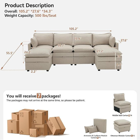 105" Beige Faux Leather Storage 4 Seater Sofa with 2 Ottomans, Comfy Couch | Convertible Modular Sectional Sofa, U Shaped Oversized Couch, Upholstered Large Cloud Couch For Living Room, Apartment.