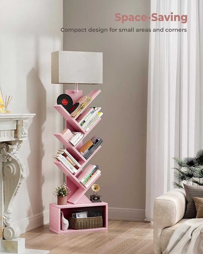 Evermagin 6 Tier Tree Bookshelf with Light, Narrow Bookcase Tower, Tall Floor Standing Book Shelf Organizer with Storage Cabinet for Living Room, Bedroom and Home Office, Pink