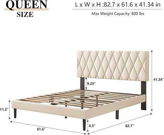CXVX Queen Size Bed Frame with Diamond Tufted Headboard, Velvet Upholstered Platform Bed and Wooden Slat Support, Noise-Free, No Box Spring Needed, Easy Assembly, Beige