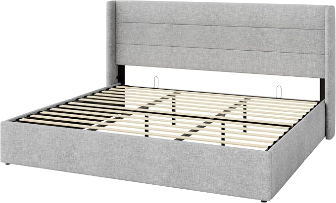 SHA CERLIN King Size Lift Up Storage Bed/Modern Wingback Headboard/Upholstered Platform Bed Frame/Hydraulic Storage/No Box Spring Needed/Wood Slats Support/Light Grey