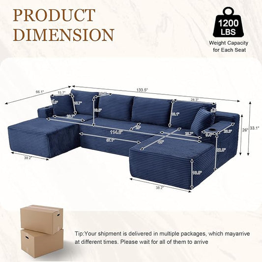 134 Inch Modular Sectional Sleeper Sofa, Boneless Cloud Couch for Living Room, U Shaped 5 Seat Sofa with 2 Storage Pockets& 2 Cup Holders, Free Combination, No Assembly Required (Blue)