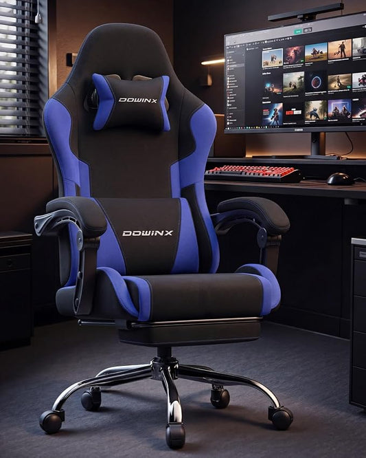 Dowinx Ergonomic Gaming Chair with Footrest & Massage Lumbar, 2D-Linkage Armrests for Computer Chair 330lbs with Headrest Pillow for Office, Home, Streaming and Long Gaming Sessions, Fabric Dark Blue