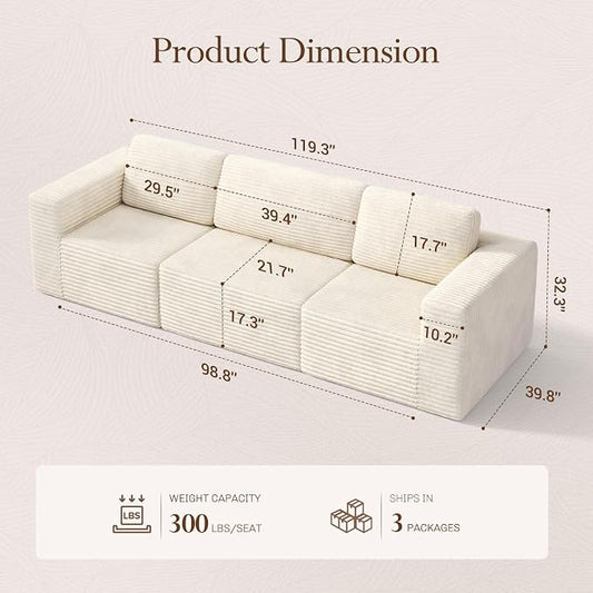 Vesgantti 119" Modular Sectional Sofa, Corduroy Cloud Couch with Deep Seating & Spring Support, 3 Seater Flexible Layout Sofa, Boneless Couch for Living Room & Apartment, No Assembly Required, Beige
