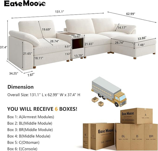 EASE MOOSE White Sectional Modular Sofa Oversized L Shape Deep Seat Sofa