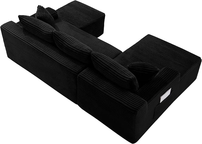 95-Inch U-Shaped Left Facing Corner Compressed Sofa Modular Sectional Boneless Cloud Sofa Floor Foam Couch W/Chaise Lounge & Ottoman, Corduroy Corner Boneless Cloud Couch