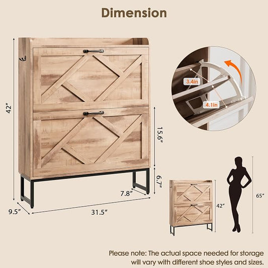 Nicetree Shoe Cabinet with 2 Flip Drawers,Freestanding Shoe Storage Cabinet, Narrow Shoe Organizer Cabinet, Farmhouse Slim Shoe Rack Cabinet for Entryway, Oak with Hook