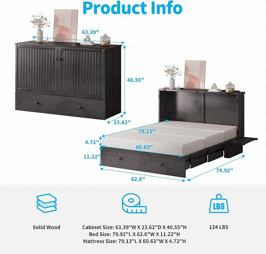 Mjkone Queen Murphy Bed Cabinet with Tri-Fold Mattress Included, Drawers, USB Charging Station, Modern Versatile Wood Chest Cabinet Wall Bed, Wooden Guest Beds for Bedroom Home Apartment, Dark Grey
