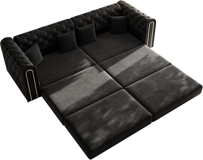 90.6'' Futon Sofa Bed, Chesterfield Velvet Sleeper Sofa, Convertible Floor L-Shaped Couch, Tufted Back, 4 Pillows, Gold Edge Trim, Deep Loveseat Couches for Living Room, Apartment, Gold Black