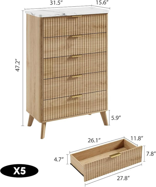 Fluted Dresser for Bedroom with 5 Deep Drawers, 47.2 in Tall Chest of Drawers with Faux Marble Top, Curved Profile Design, Modern Wooden Dresser, for Living Room, Kids Room, Hallway, Natural Oak