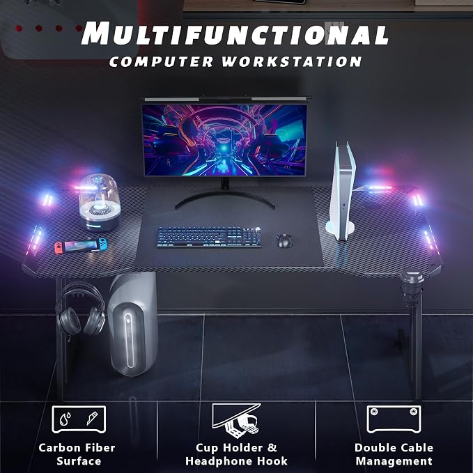 HLDIRECT 47 Inch Gaming Desk with LED Lights, Large RGB Computer Gaming Desk Table with Cup Holder Headphone Hook Mouse Pad, Ergonomic Modern Carbon Fiber Mesa Gamer Pc Work Home Office Desks, Black
