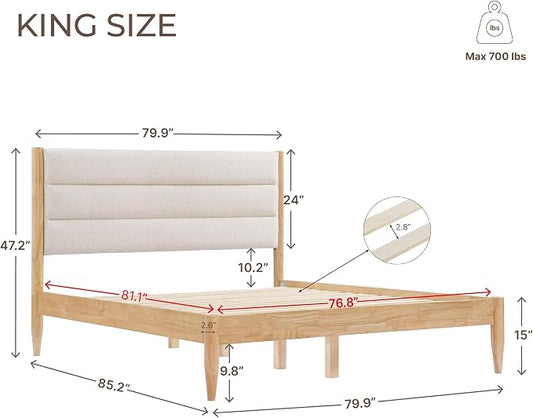 KISLOT Wood Bed Frame with Upholstered Headboard Wooden Platform with Silent Slat Support Mattress Foundation No Box Spring Needed, Easy Assembly