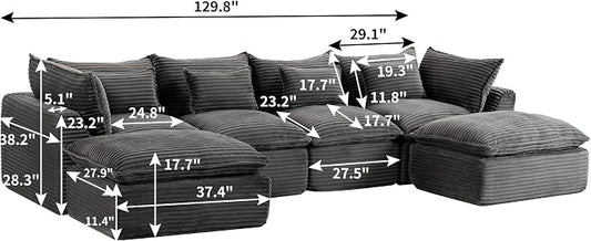 Boneless Couch Sectional Sofas Cloud Couches for Living Room | 130'' Modern Modular Cloud Sofa with Pillows and Ottoman for Bedroom