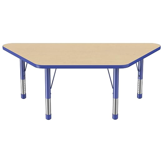 FDP Trapezoid Activity School and Classroom Kids Table (30 x 60 inch), Chunky Toddler Legs for Collaborative Seating Environments, Adjustable Height 15-24 inches - Maple Top and Blue Edge
