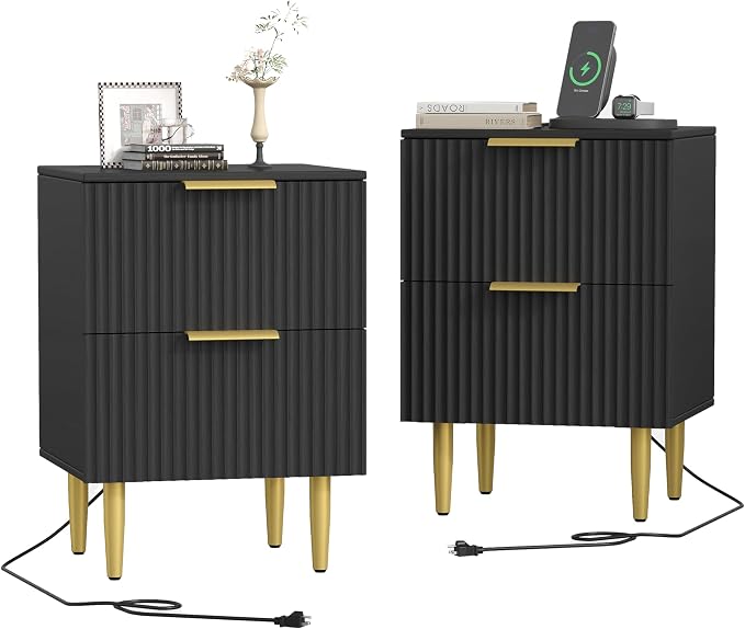 Akxomel Black Nightstand Set of 2, Fluted Night Stand with Charging Station, 13.8" D x 15" W x 23.2" H, 2 Drawers Modern Bedside Table with USB Ports and Outlets, Golden Side Table for Bedroom