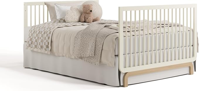 Storkcraft Santorini 5-in-1 Convertible Crib with Toddler Guardrail – GREENGUARD Gold Certified, Conversion Kit Included, 100% Solid Wood, Fits Standard Crib Mattress (Frosted Oat and Driftwood)