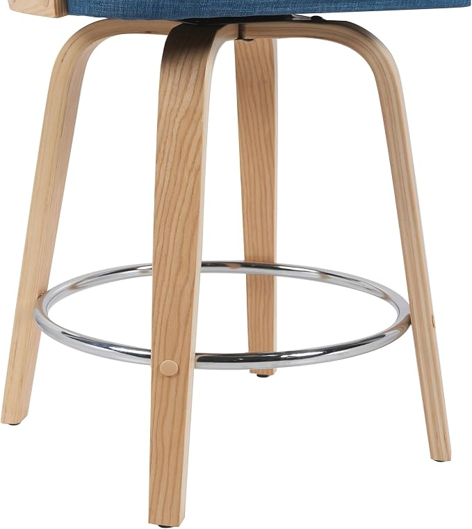 Armen Living Sonia Modern Swivel Counter Height Bar Stool with Blue Upholstered Seat and Patterned Oak Wood Finish