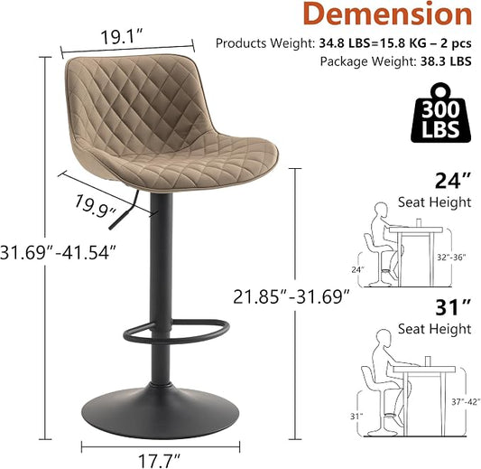 YOUTASTE Khaki Bar Stools Set of 2, Mid-Century Modern Adjustable Swivel Counter Height Chairs with Back, Faux Leather Upholstery, Black Metal Base, Ideal for Kitchen, Island, Dining Room, Restaurant