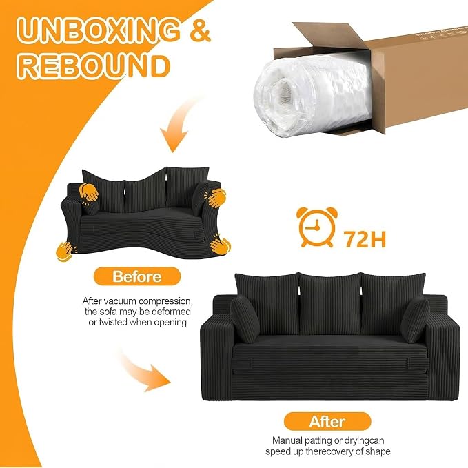 Oversize Boneless Loveseat Convertible Sofa Bed, Folding Floor Futon Sleeper Sofa Queen Size Couch Bed- Boneless Foldable Couch, Corduroy Pull Out Sofa Bed with 5 Pillows for Living Room & Bedroom