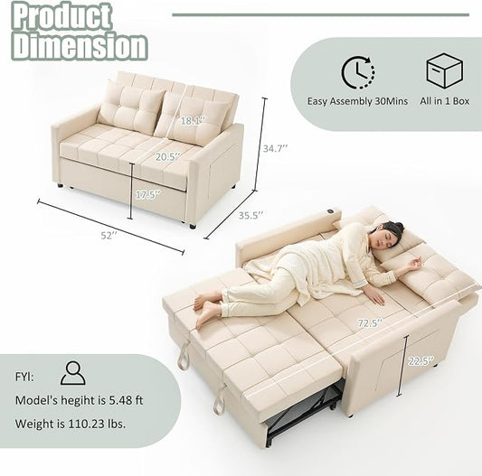 GOSUHI 52" Sleeper Sofa with Pull-Out Bed, 3-in-1 Convertible Sofa Bed, Set of Loveseat with Stepless Adjustable Backrest and Side Pocket, for Living Room Dorm Apartment, Linen, Beige
