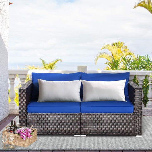 Tangkula Wicker Loveseat 2 Piece, Patio Furniture Couch with Removable Cushions, Rattan Loveseat Sofa for Balcony, Deck, Garden and Poolside